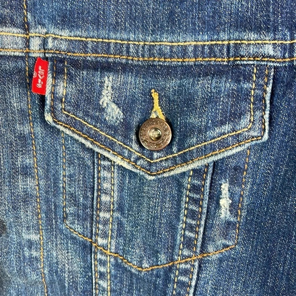 LEVIS Blue Dark Wash Denim Trucker Jean Jacket Red Tab Pockets Cotton Stretch M - Picture 6 of 14